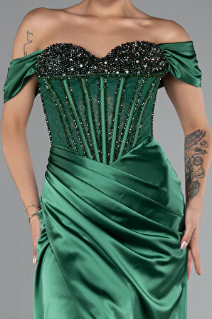 Kayık Yaka Taşlı Balen Uzun Saten Abiye ABU5130