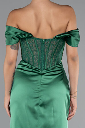 Kayık Yaka Taşlı Balen Uzun Saten Abiye ABU5130