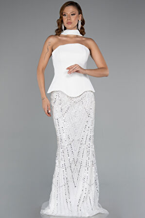 Straplez Peplum Detay Taşlı Uzun Balık Abiye ABU5131