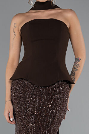 Straplez Peplum Detay Taşlı Uzun Balık Abiye ABU5131