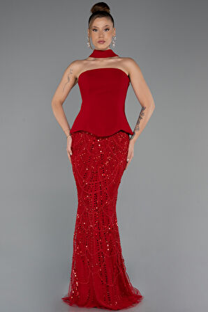 Straplez Peplum Detay Taşlı Uzun Balık Abiye ABU5131