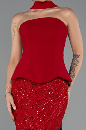 Straplez Peplum Detay Taşlı Uzun Balık Abiye ABU5131