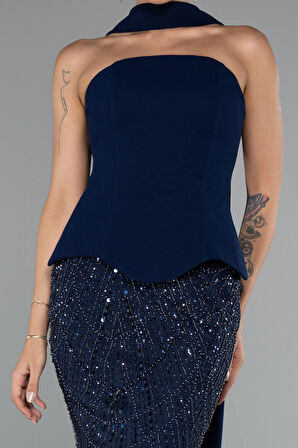 Straplez Peplum Detay Taşlı Uzun Balık Abiye ABU5131