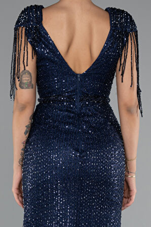 Bacak Dekolteli Uzun Taşlı Özel Tasarım Abiye ABU5132