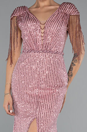 Bacak Dekolteli Uzun Taşlı Özel Tasarım Abiye ABU5132