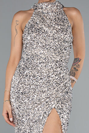 Halter Yaka Bacak Dekolteli Uzun Pullu Abiye ABU5135