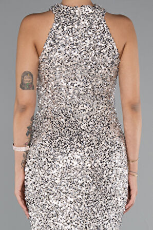 Halter Yaka Bacak Dekolteli Uzun Pullu Abiye ABU5135