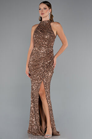 Halter Yaka Bacak Dekolteli Uzun Pullu Abiye ABU5135