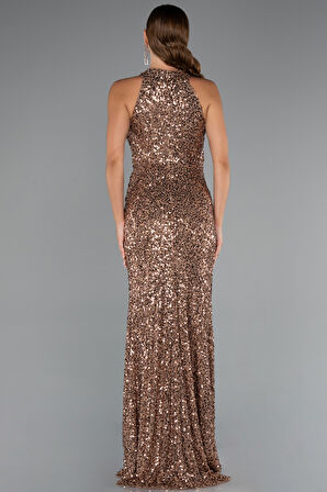 Halter Yaka Bacak Dekolteli Uzun Pullu Abiye ABU5135