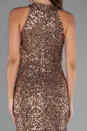 Halter Yaka Bacak Dekolteli Uzun Pullu Abiye ABU5135