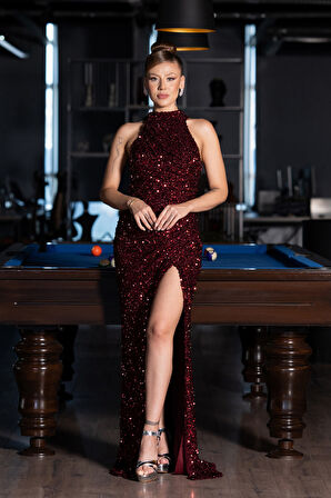 Halter Yaka Bacak Dekolteli Uzun Pullu Abiye ABU5135