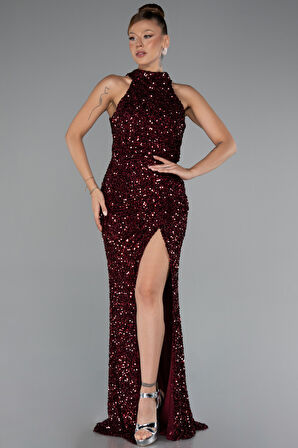 Halter Yaka Bacak Dekolteli Uzun Pullu Abiye ABU5135