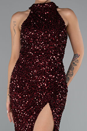 Halter Yaka Bacak Dekolteli Uzun Pullu Abiye ABU5135