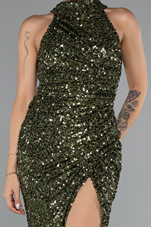 Halter Yaka Bacak Dekolteli Uzun Pullu Abiye ABU5135