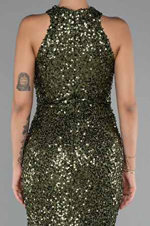 Halter Yaka Bacak Dekolteli Uzun Pullu Abiye ABU5135