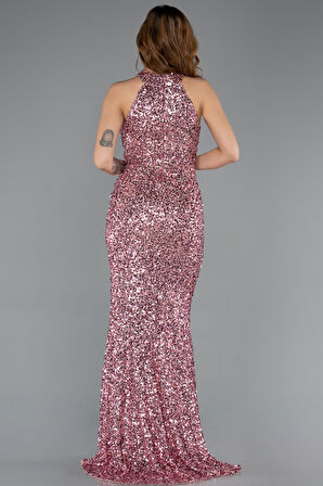 Halter Yaka Bacak Dekolteli Uzun Pullu Abiye ABU5135