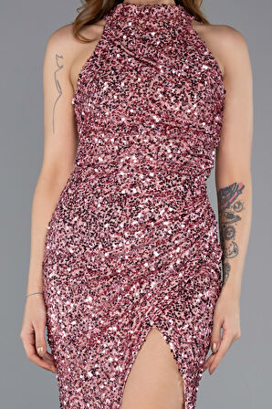 Halter Yaka Bacak Dekolteli Uzun Pullu Abiye ABU5135