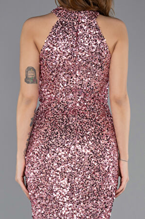 Halter Yaka Bacak Dekolteli Uzun Pullu Abiye ABU5135