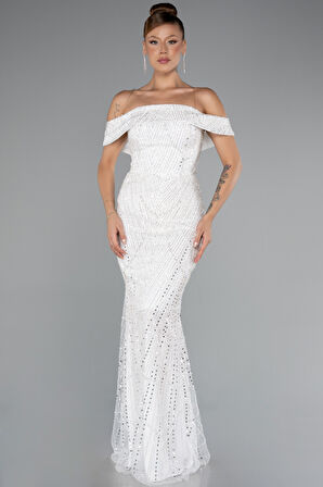 Kayık Yaka Uzun Boncuklu Balık Abiye Elbise ABU5137