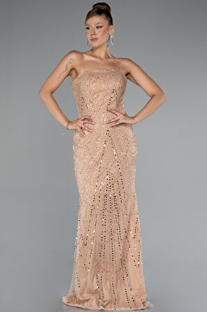 Straplez Uzun Şal Detay Boncuklu Abiye ABU5141