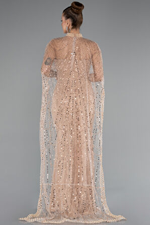 Straplez Uzun Şal Detay Boncuklu Abiye ABU5141