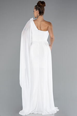 Şallı Tek Omuz Yırtmaçlı Uzun Şifon Abiye ABU5144