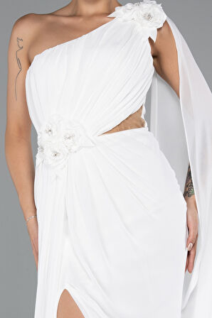 Şallı Tek Omuz Yırtmaçlı Uzun Şifon Abiye ABU5144