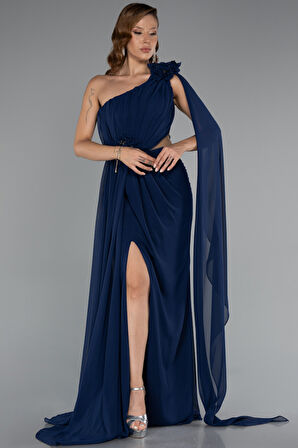 Şallı Tek Omuz Yırtmaçlı Uzun Şifon Abiye ABU5144