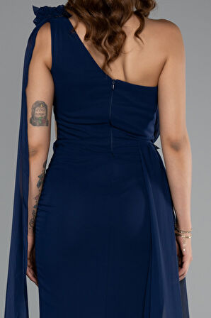 Şallı Tek Omuz Yırtmaçlı Uzun Şifon Abiye ABU5144