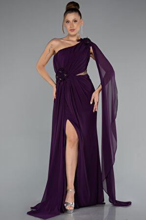 Şallı Tek Omuz Yırtmaçlı Uzun Şifon Abiye ABU5144