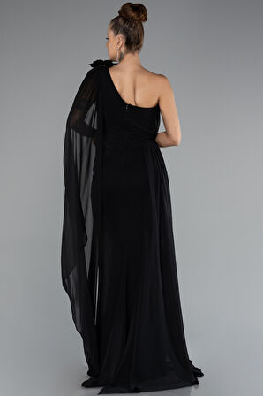 Şallı Tek Omuz Yırtmaçlı Uzun Şifon Abiye ABU5144