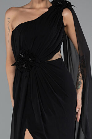 Şallı Tek Omuz Yırtmaçlı Uzun Şifon Abiye ABU5144