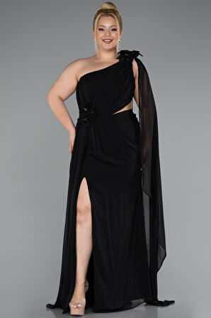 Tek Omuz Yırtmaçlı Uzun Şifon Büyük Beden Abiye ABU5145