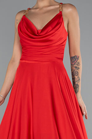 Zincir Askılı Göğüs Drapeli Uzun Saten Abiye ABU5146