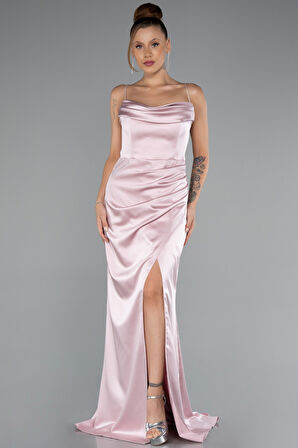 Bacak Dekolteli Göğüs Drapeli Uzun Saten Abiye ABU5149