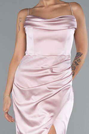 Bacak Dekolteli Göğüs Drapeli Uzun Saten Abiye ABU5149