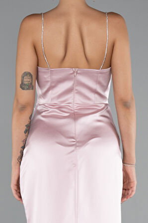 Bacak Dekolteli Göğüs Drapeli Uzun Saten Abiye ABU5149