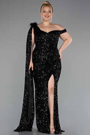 Tek Omuz Yırtmaçlı Uzun Pullu Büyük Beden Abiye ABU5151