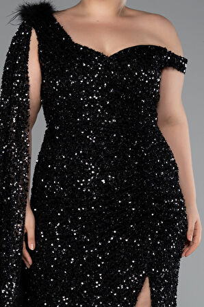 Tek Omuz Yırtmaçlı Uzun Pullu Büyük Beden Abiye ABU5151