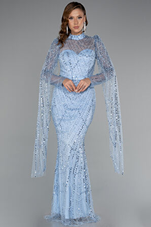 Şallı Uzun Kol Dik Yaka Boncuklu Abiye ABU5152