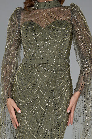 Şallı Uzun Kol Dik Yaka Boncuklu Abiye ABU5152