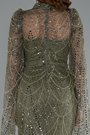 Şallı Uzun Kol Dik Yaka Boncuklu Abiye ABU5152