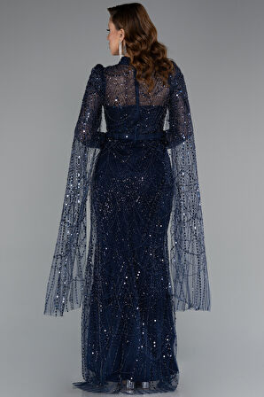 Şallı Uzun Kol Dik Yaka Boncuklu Abiye ABU5152