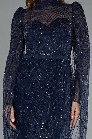 Şallı Uzun Kol Dik Yaka Boncuklu Abiye ABU5152