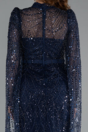 Şallı Uzun Kol Dik Yaka Boncuklu Abiye ABU5152