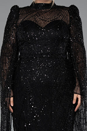 Uzun Kol Dik Yaka Boncuklu Büyük Beden Abiye ABU5153