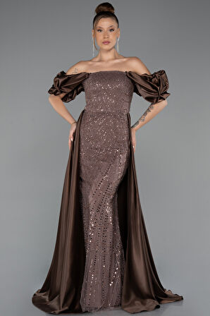 Kayık Yaka Saten Kuyruklu Uzun Boncuklu Abiye ABU5154