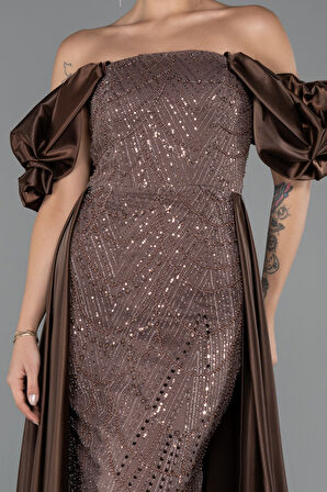 Kayık Yaka Saten Kuyruklu Uzun Boncuklu Abiye ABU5154