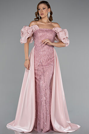 Kayık Yaka Saten Kuyruklu Uzun Boncuklu Abiye ABU5154