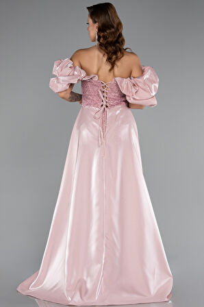 Kayık Yaka Saten Kuyruklu Uzun Boncuklu Abiye ABU5154